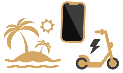 More, palmy a pláž, elektrický skúter a smartphón